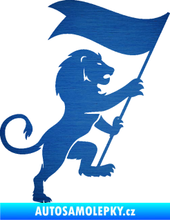 Samolepka Lev heraldika 005 pravá s praporem škrábaný kov modrý