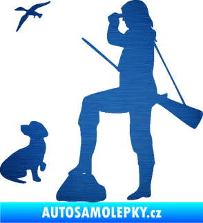 Samolepka Lov 003 levá myslivkyně se psem škrábaný kov modrý