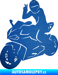 Samolepka Motorkář 006 levá škrábaný kov modrý