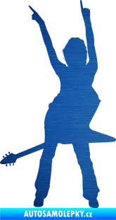 Samolepka Music 016 levá rockerka s kytarou škrábaný kov modrý