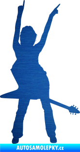 Samolepka Music 016 pravá rockerka s kytarou škrábaný kov modrý