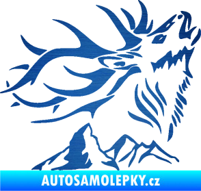 Samolepka Myslivost 003 pravá jelen a hory škrábaný kov modrý