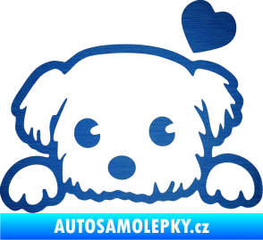 Samolepka Pes 057 pravá se srdíčkem škrábaný kov modrý