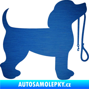 Samolepka Pes 063 pravá štěnátko s vodítkem škrábaný kov modrý