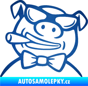 Samolepka Prase 005 levá s doutnikem škrábaný kov modrý