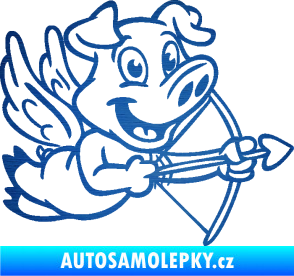 Samolepka Prase 005 pravá s křídly a lukem škrábaný kov modrý