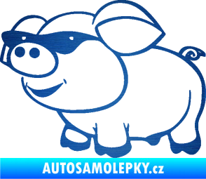 Samolepka Prase 006 levá frajer v brýlích škrábaný kov modrý