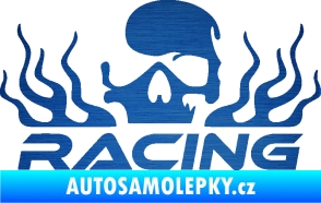 Samolepka Racing nápis s lebkou levá škrábaný kov modrý