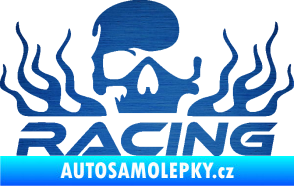 Samolepka Racing nápis s lebkou pravá škrábaný kov modrý