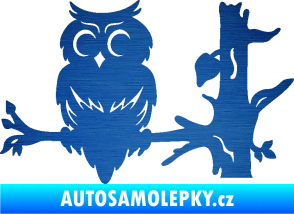 Samolepka Sova 005 levá na větvi škrábaný kov modrý