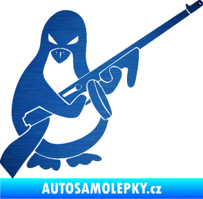 Samolepka Tučňák se samopalem pravá škrábaný kov modrý