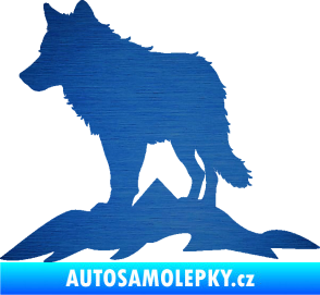 Samolepka Vlk 031 levá hory škrábaný kov modrý