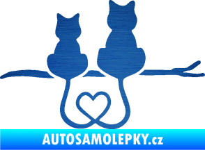 Samolepka Zamilované kočky spojené ocásky pravá škrábaný kov modrý