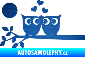 Samolepka Zamilované sovy levá na větvičce škrábaný kov modrý