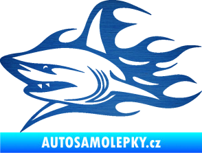 Samolepka Žralok 017 levá s plameny škrábaný kov modrý