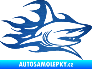 Samolepka Žralok 017 pravá s plameny škrábaný kov modrý