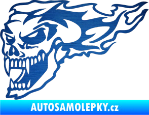 Samolepka Zubatej levá lebka v plamenech škrábaný kov modrý