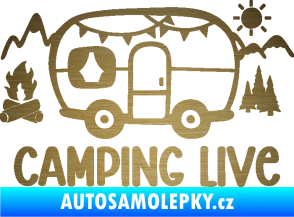 Samolepka Camping live 001 levá cestování v karavanu škrábaný kov zlatý