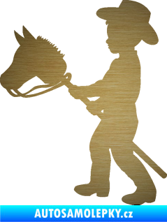 Samolepka Děti silueta 012 levá kluk s dřevěným koníkem škrábaný kov zlatý