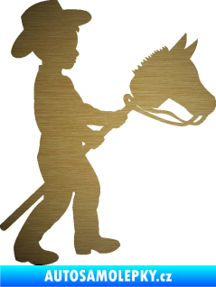 Samolepka Děti silueta 012 pravá kluk s dřevěným koníkem škrábaný kov zlatý