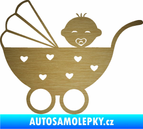 Samolepka Dítě v autě 070 levá kočárek s miminkem škrábaný kov zlatý