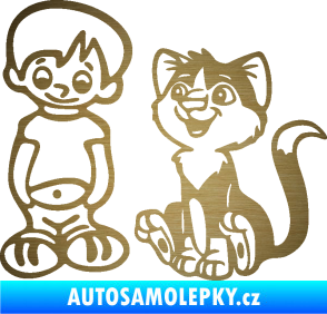 Samolepka Dítě v autě 097 levá kluk a kočka škrábaný kov zlatý