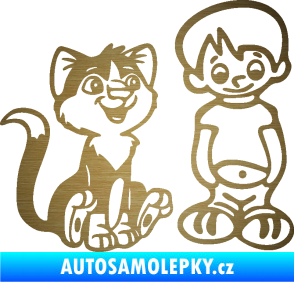 Samolepka Dítě v autě 097 pravá kluk a kočka škrábaný kov zlatý