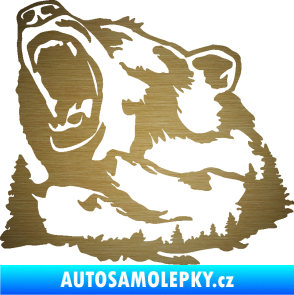 Samolepka Krajina hory 032 levá les s medvědem škrábaný kov zlatý