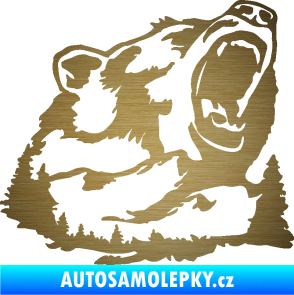 Samolepka Krajina hory 032 pravá les s medvědem škrábaný kov zlatý
