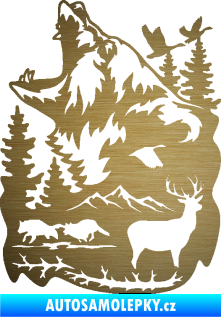 Samolepka Krajina hory 039 levá medvěd a lesní zvěř škrábaný kov zlatý