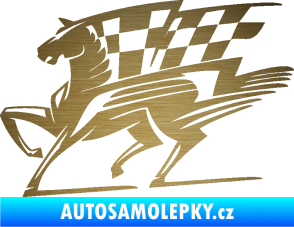 Samolepka Kůň racing 001 levá se šachovnicí škrábaný kov zlatý