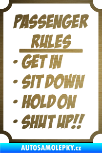 Samolepka Passenger rules nápis pravidla pro cestující škrábaný kov zlatý