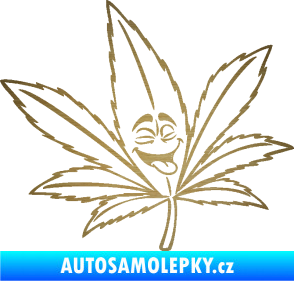 Samolepka Travka 003 pravá lístek marihuany s obličejem škrábaný kov zlatý