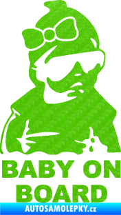 Samolepka Baby on board 001 pravá s textem miminko s brýlemi a s mašlí 3D karbon zelený kawasaki