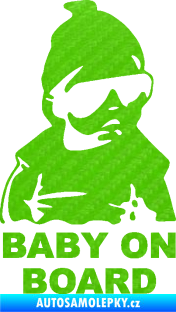 Samolepka Baby on board 002 pravá s textem miminko s brýlemi 3D karbon zelený kawasaki