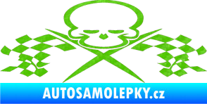 Samolepka Champion 001 lebka se šachovnicovou vlajkou 3D karbon zelený kawasaki