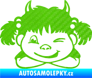 Samolepka Dítě v autě 056 levá holčička čertice 3D karbon zelený kawasaki