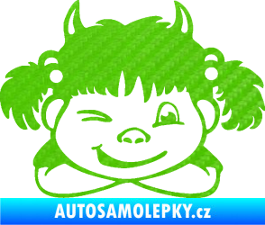 Samolepka Dítě v autě 056 pravá holčička čertice 3D karbon zelený kawasaki