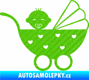 Samolepka Dítě v autě 070 pravá kočárek s miminkem 3D karbon zelený kawasaki