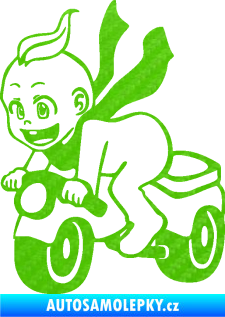 Samolepka Dítě v autě 083 levá chlapeček na odrážedle 3D karbon zelený kawasaki