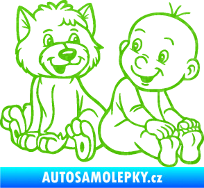 Samolepka Dítě v autě 087 pravá chlapeček s pejskem 3D karbon zelený kawasaki