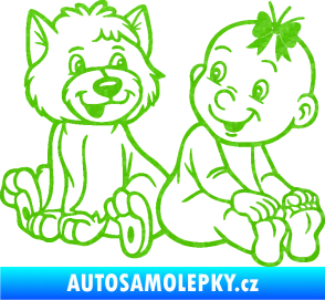 Samolepka Dítě v autě 095 pravá holčička s pejskem 3D karbon zelený kawasaki