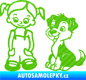 Samolepka Dítě v autě 099 levá holčička a pes 3D karbon zelený kawasaki