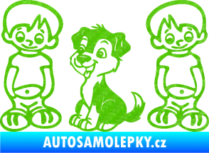 Samolepka Dítě v autě 103 levá dva kluci a pes 3D karbon zelený kawasaki
