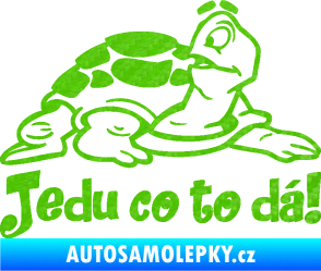 Samolepka Jedu co to dá! 001 pravá nápis se želvou 3D karbon zelený kawasaki