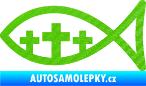 Samolepka Jesus rybička 005 tři kříže křesťanský symbol 3D karbon zelený kawasaki