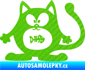Samolepka Kočka 042 levá s rybou v bříšku 3D karbon zelený kawasaki