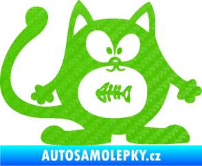 Samolepka Kočka 042 pravá s rybou v bříšku 3D karbon zelený kawasaki