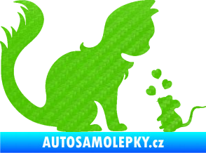 Samolepka Kočka s myší 002 pravá 3D karbon zelený kawasaki