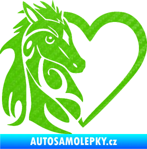 Samolepka Koník love 001 levá hříbátko v srdíčku 3D karbon zelený kawasaki